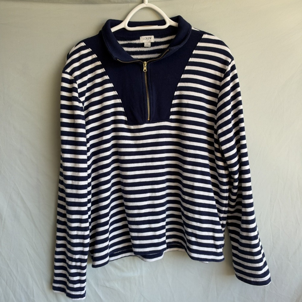 J Crew Womens L Navy White Striped Fleece Half Zip Pullover Nautical Preppy